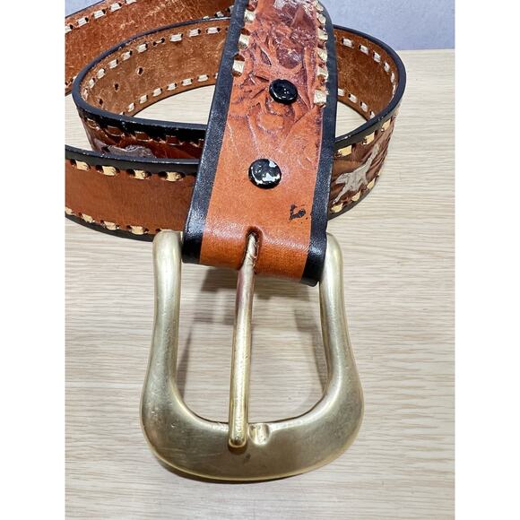 Vintage Western Buckle Horse Stallions Design Leather Belt & Solid Brass Size 40 - Picture 3 of 11